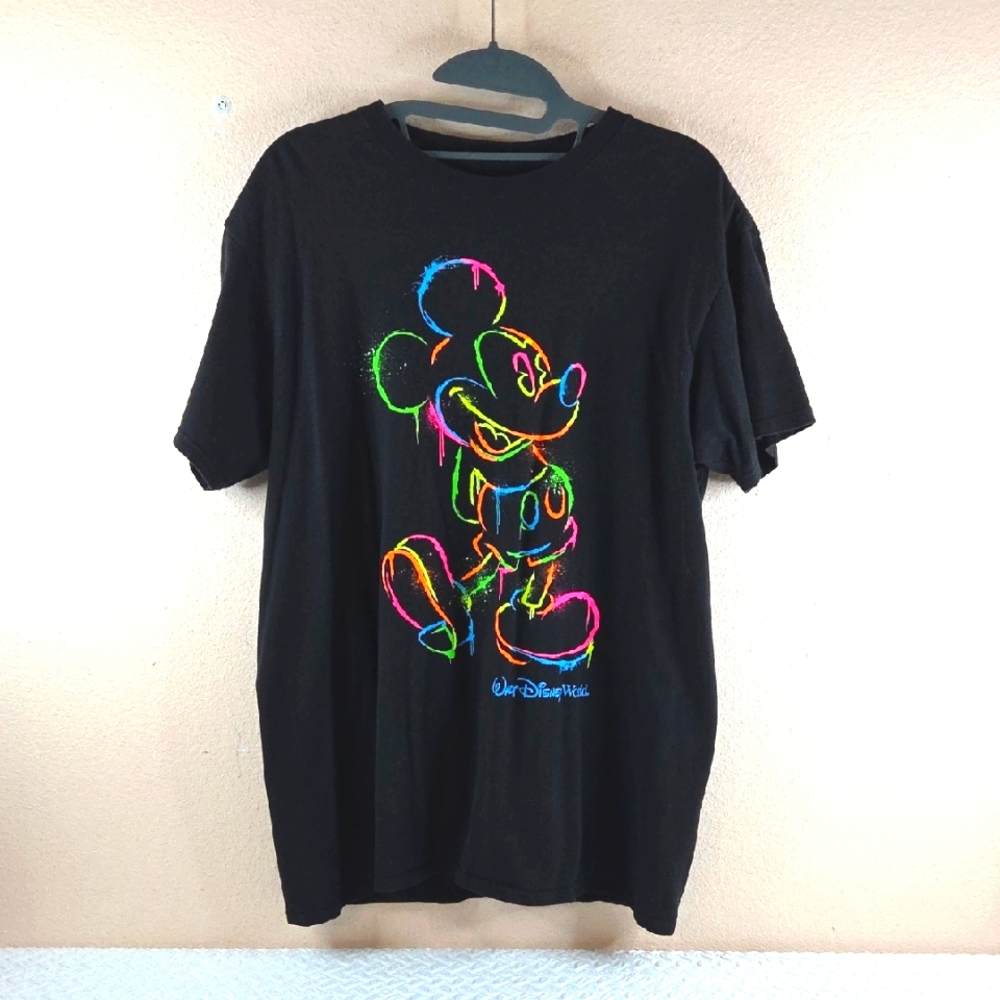 Hanes Black Disney World Tee Shirt Neon Relief MICKEY MOUSE LG Womans Mens Teen
